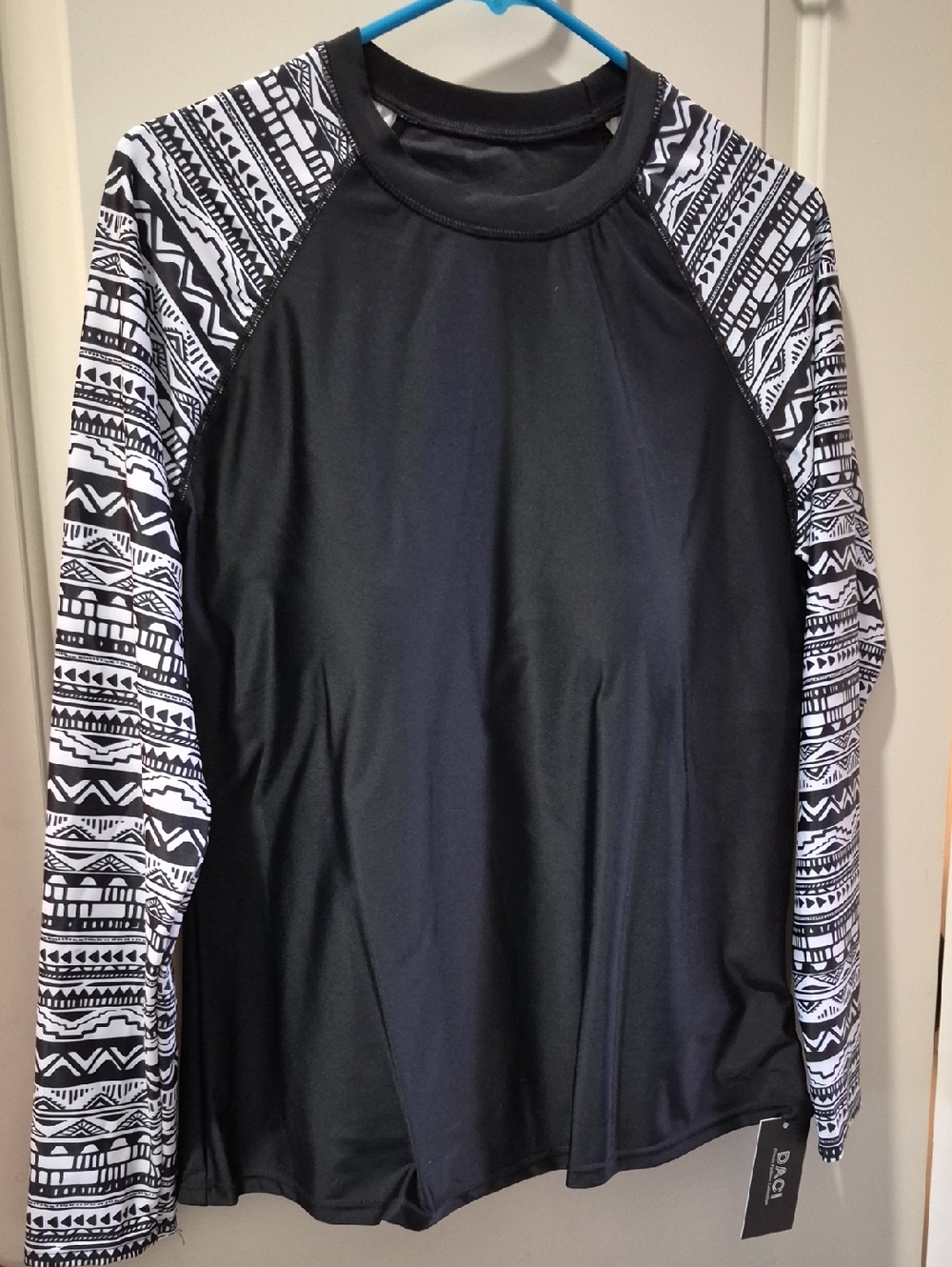 Black Rash Guard Top with Black & White Patterned Raglan Sleeves